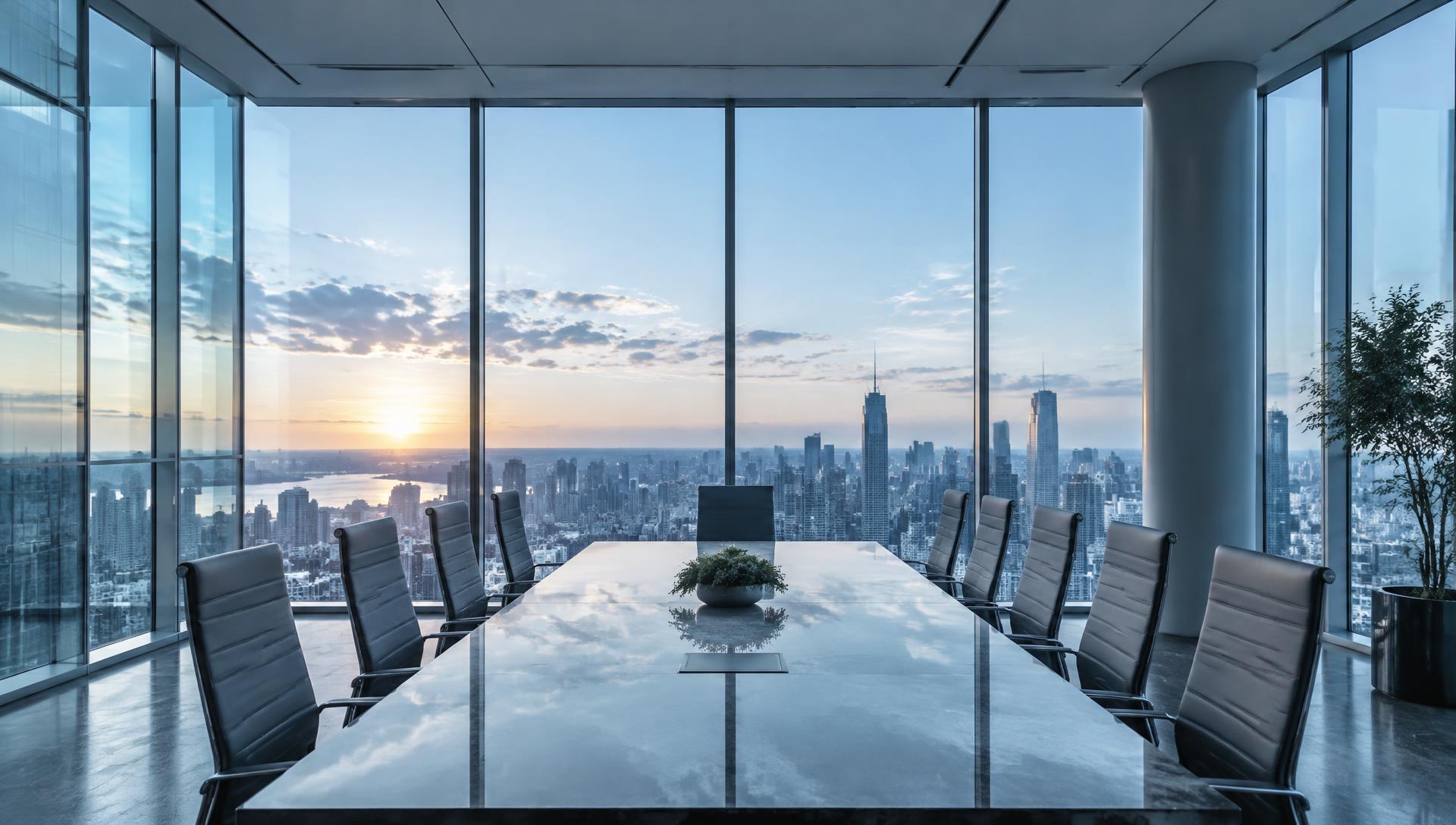 Boardroom overlooking a city skyline at dawn