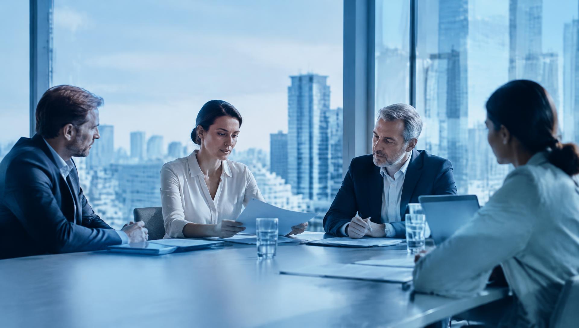 Leadership team reviewing documents in a glass office
